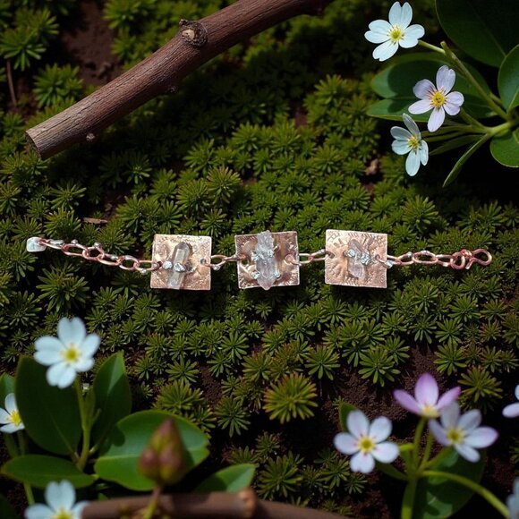 Handcrafted Copper Bracelet With Quartz Crystals & Hammered Metal Plates Artisan - Picture 8 of 12